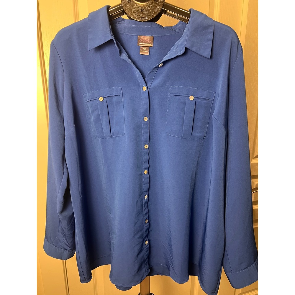 Maternity 1X Blue Utility Button Up Blouse Y2K Workwear Old Money Career Fall